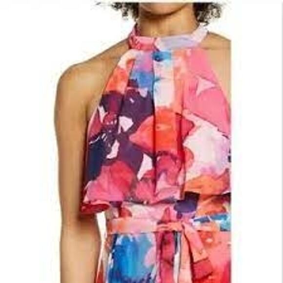 NWT Eliza J Floral Halter Neck Popover High Low Dress 14 - Picture 3 of 4